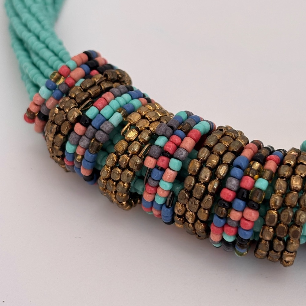 Boho Statement Necklace: Turquoise Beaded Multi-Strand Mosaic Bib - Picture 5 of 10